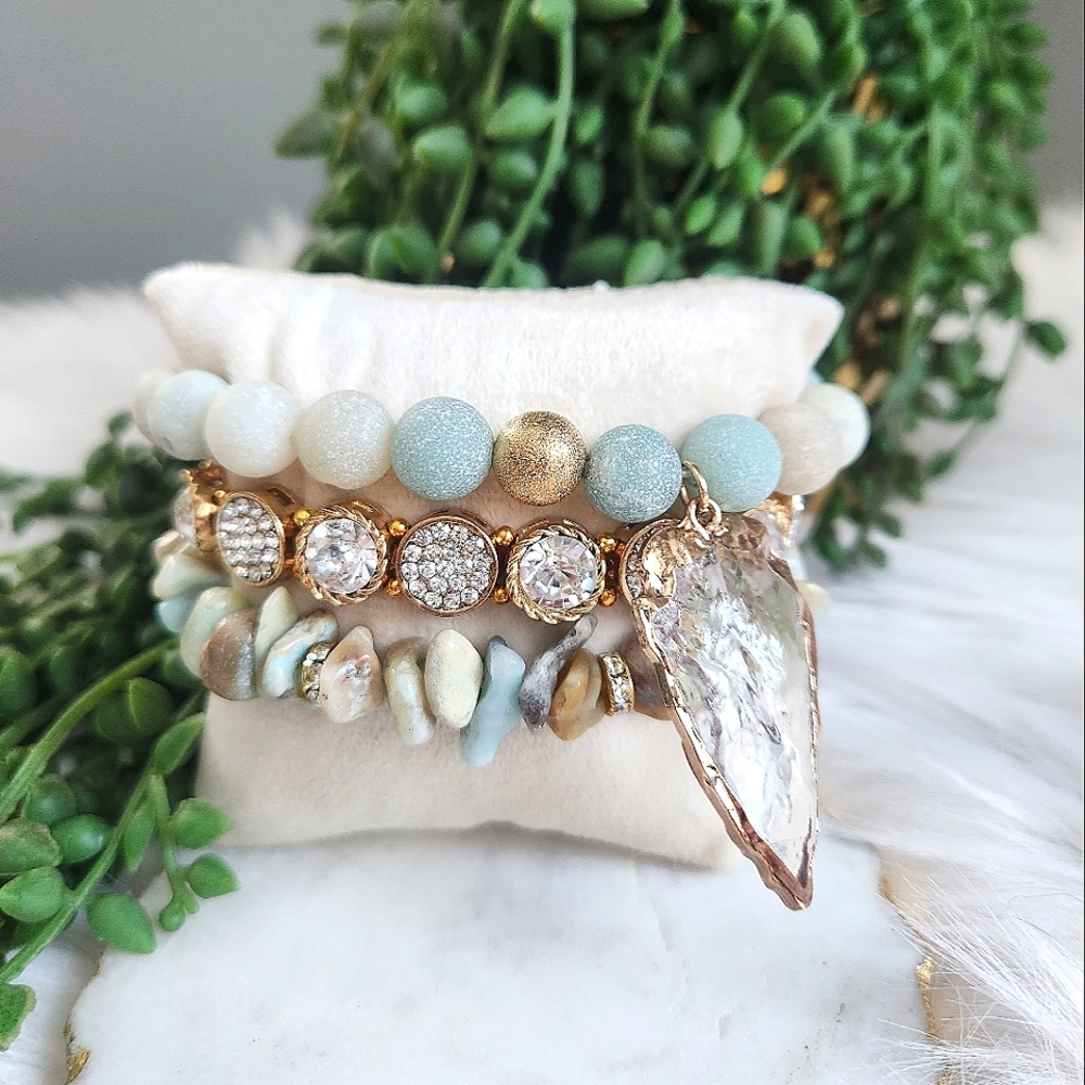 NWT Ryze 'Amber Pye' Natural Stone  Amazonite Arrowhead Staxx Bracelets-Set of 3 - Picture 4 of 9